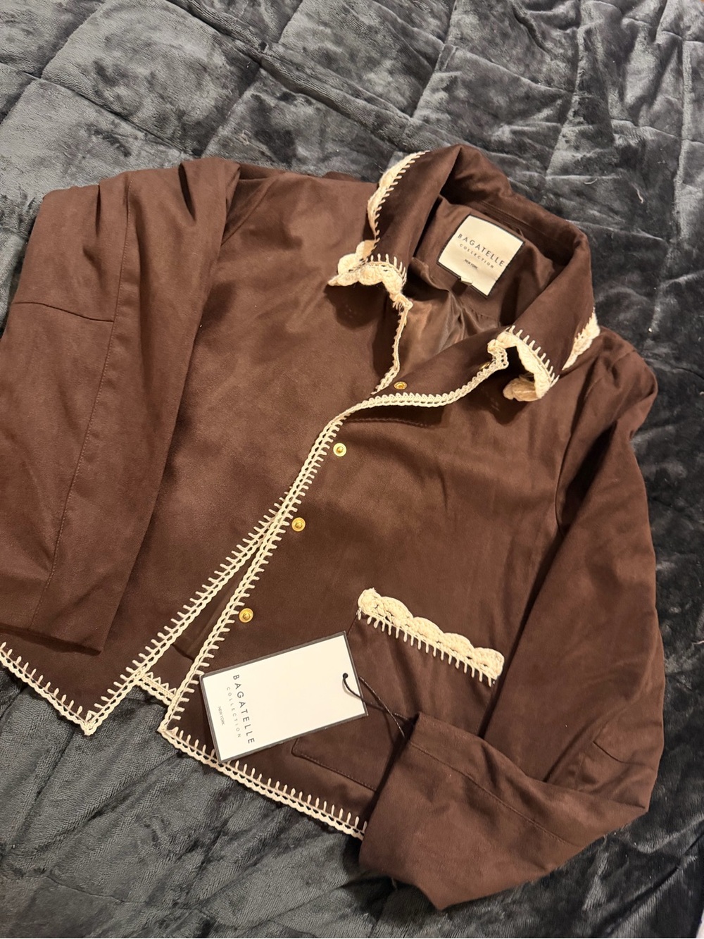 Bagatelle Collection Brown Suede Crochet Trim Button Collared Jacket Size M - Picture 5 of 5